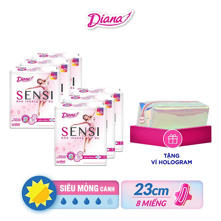 Bộ 6 gói Băng Vệ Sinh Diana Sensi Siêu Mỏng Cánh (8 Miếng/Gói) Tặng Ví Hologram