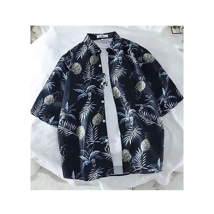 Áo sơ mi nam tay ngắn họa tiết quả dứa, thích hợp mùa hè, thời trang trẻ, phong cách Hàn Quốc