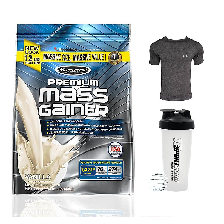 Combo Sữa tăng cân Premium Mass Gainer của Muscle Tech hương Vanilla bịch 5.4 kg hỗ trợ tăng cân tăng cơ nhanh cho người gầy, kén ăn, khó tăng cân, hấp thụ thức ăn tự nhiên kém & Bình lắc 600 ml (Màu Ngẫu Nhiên) & Áo Gym size M