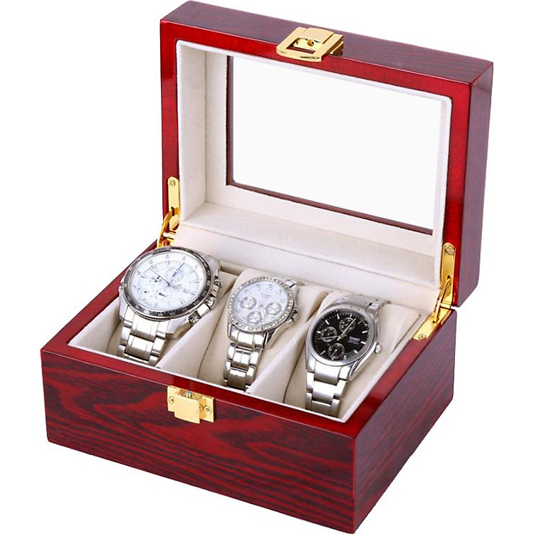Hộp Đựng Đồng Hồ 3 Ngăn Vỏ Gỗ Đỏ Đô - Mã 523