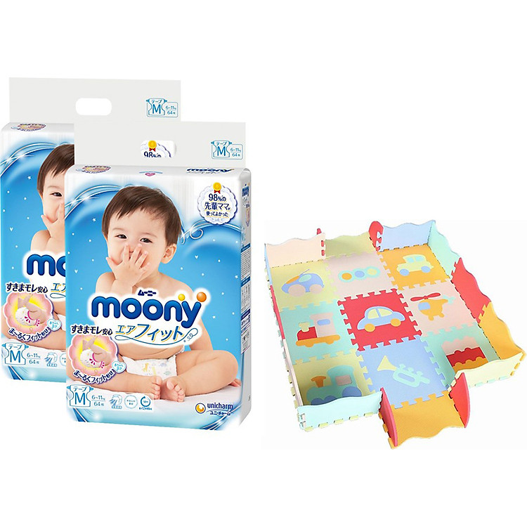 Combo 2 Gói Tã Dán Cao Cấp Moony Nhật Bản M64 (64 Miếng) - Tặng 1 Thảm Xốp Quây