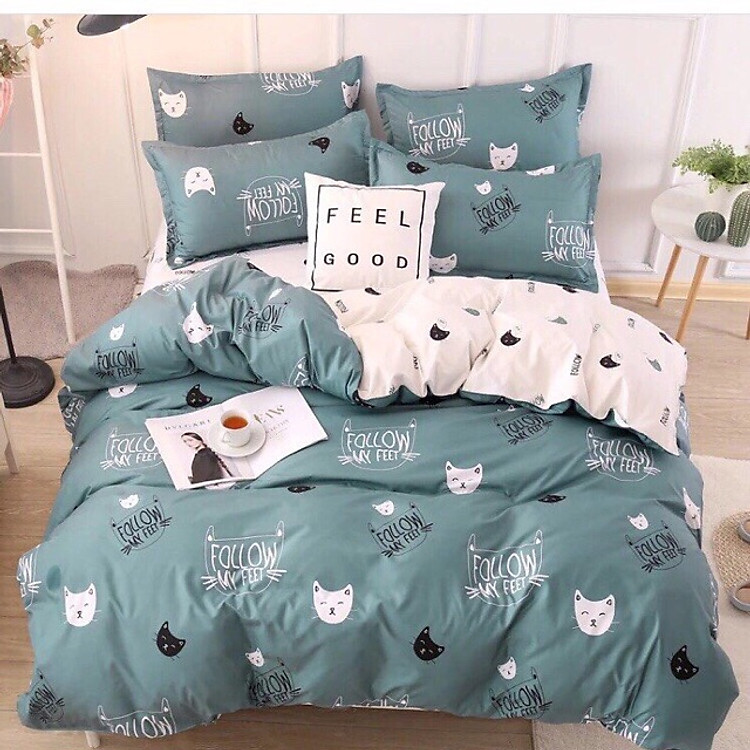 Bộ chăn ga gối cotton PL1 - Mèo Xanh - Tặng kèm 1 móc khóa Houston