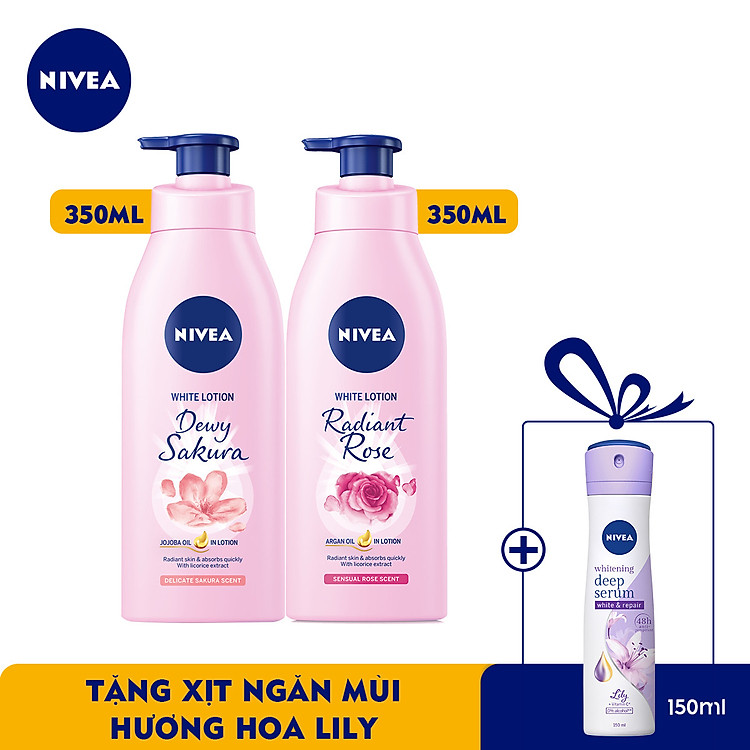 TẶNG XỊT SERUM HƯƠNG HOA LILY - Bộ đôi Sữa Dưỡng Thể Dưỡng Trắng NIVEA Hương Hoa Hồng Radiant Rose và Hoa Anh Đào Dewy Sakura (350ml x 2 chai)