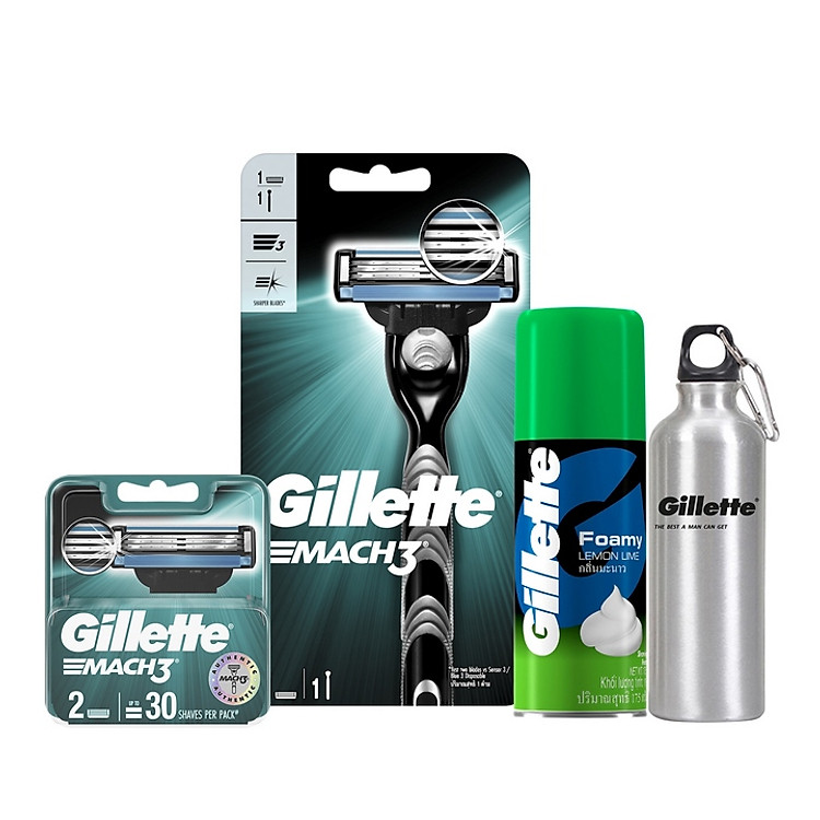 Dao Cạo Râu Gillette Mach3 Classic Cùng Bộ 2 Lưỡi Dao Thay Thế Và Bọt Cạo Râu Gillette Hương Chanh Chai 175G Tặng Bình Giữ Nhiệt Kim Loại Cao Cấp