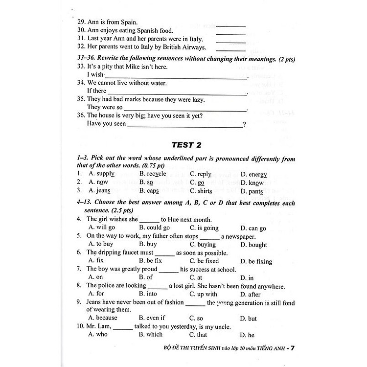 Bộ Đề Thi Tuyển Sinh Môn Tiếng Anh Vào Lớp 10 (Lưu Hoằng Trí) - Ảnh 7