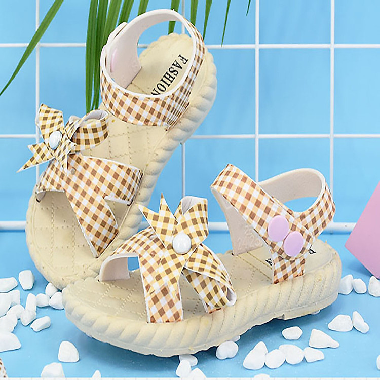 Dép sandal thắt nơ xinh xắn cho bé gái kẻ ca rô