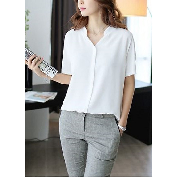 Áo Sơ Mi Nữ Kiểu Ngắn Tay Cổ Trụ V - Mã SSL1217