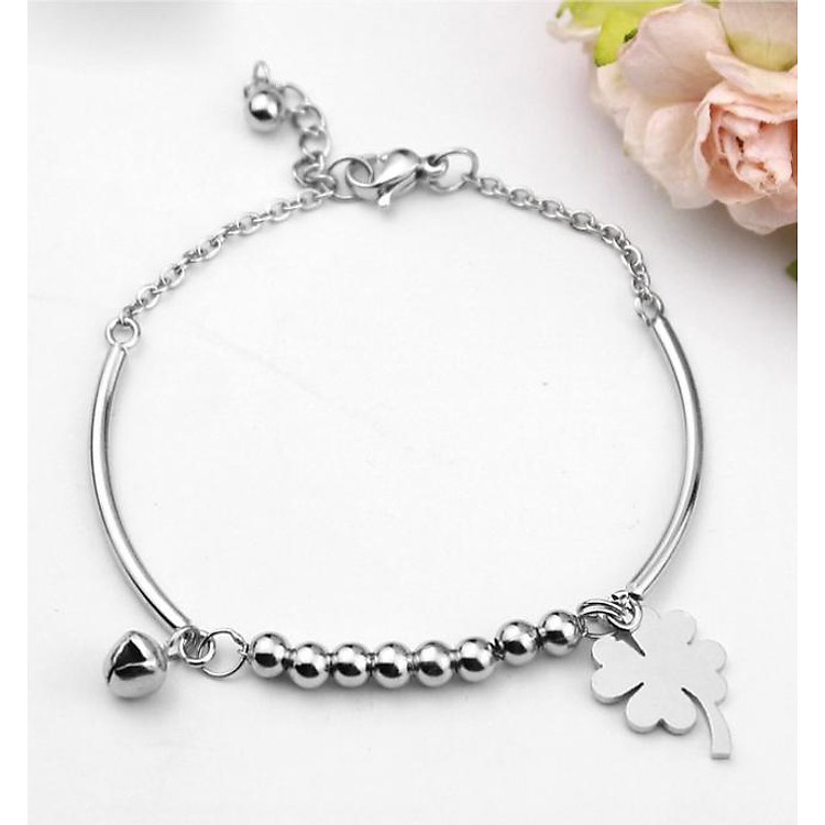 Lắc tay nữ inox cỏ bốn lá may mắn cách điệu chuông LT374
