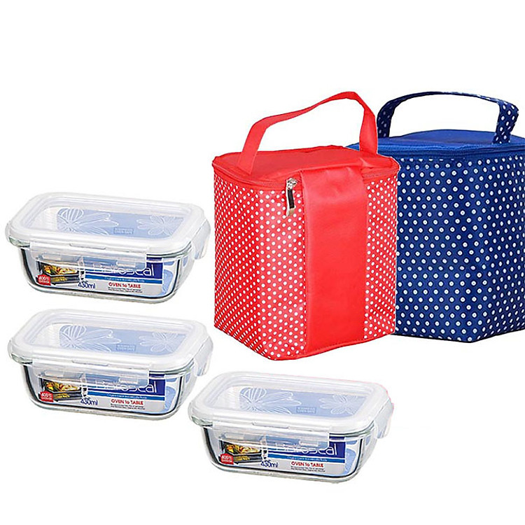 Bộ 3 hộp thủy tinh Lock & Lock 430ml tặng túi giữ nhiệt (Màu ngẫu nhiên)