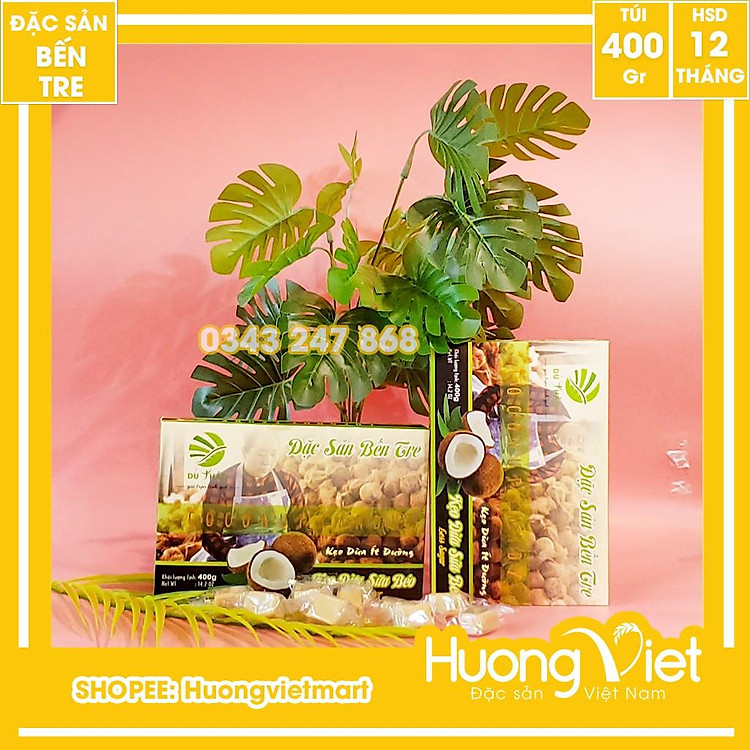 Đặc Sản Bến Tre - Kẹo Dừa Nguyên Chất Sữa Béo Ít Đường Du Thảo 400G, Kẹo Dừa Bến Tre, Kẹo Dừa Ít Ngọt