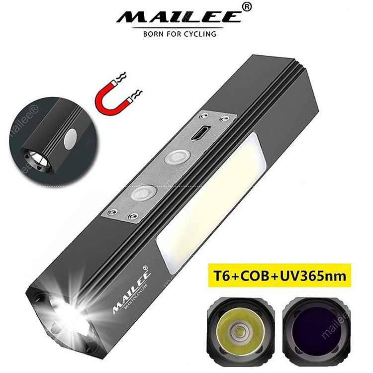 Đèn pin 3 in 1 Led T6 kết hợp đèn UV tím UV365nm và COB D66 1800mAh có nam châm hút treo Mai Lee
