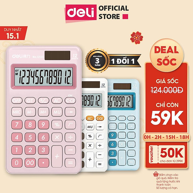 Máy tính cầm tay bỏ túi 12 số để bàn Deli có thể dùng năng lượng mặt trời và pin - Phù hợp văn phòng và học sinh - Nhiều màu - 1200