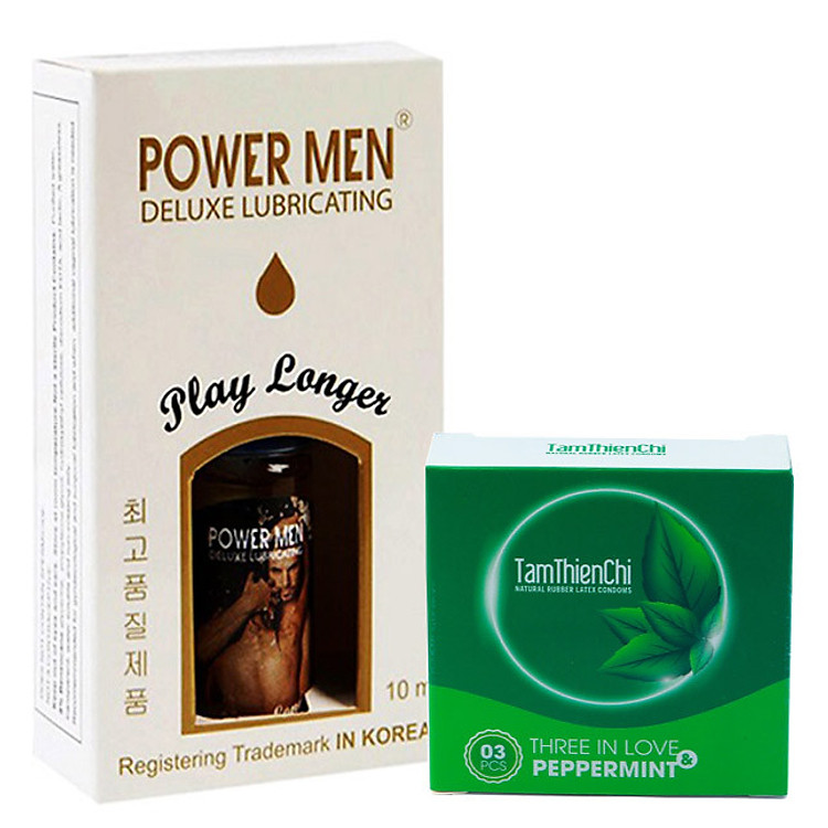 Gel bôi trơn Kéo Dài thời gian Powermen Play Longer chai 10ml Tặng 1 hộp Bao cao su gân bi hương bạc hà Tâm Thiện Chí TTC Three In Love hộp 3 cái