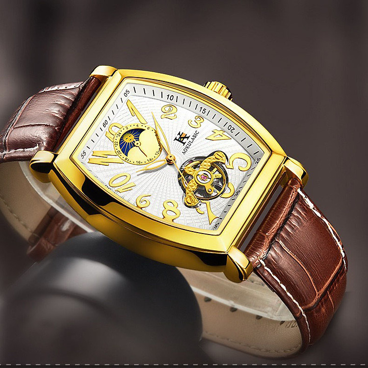 Đồng Hồ Nam Cơ Tự Động AOKULASIC AUTOMATIC Dây Da Cao Cấp Thiết Kế Lộ Máy Nam Tính AOK79