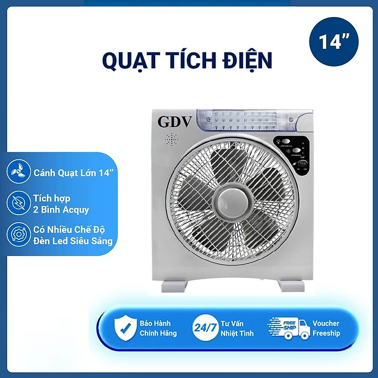 Quạt Sạc Tích Điện Dạng Hộp Tản Có Đèn LED GDV - Hàng Chính Hãng