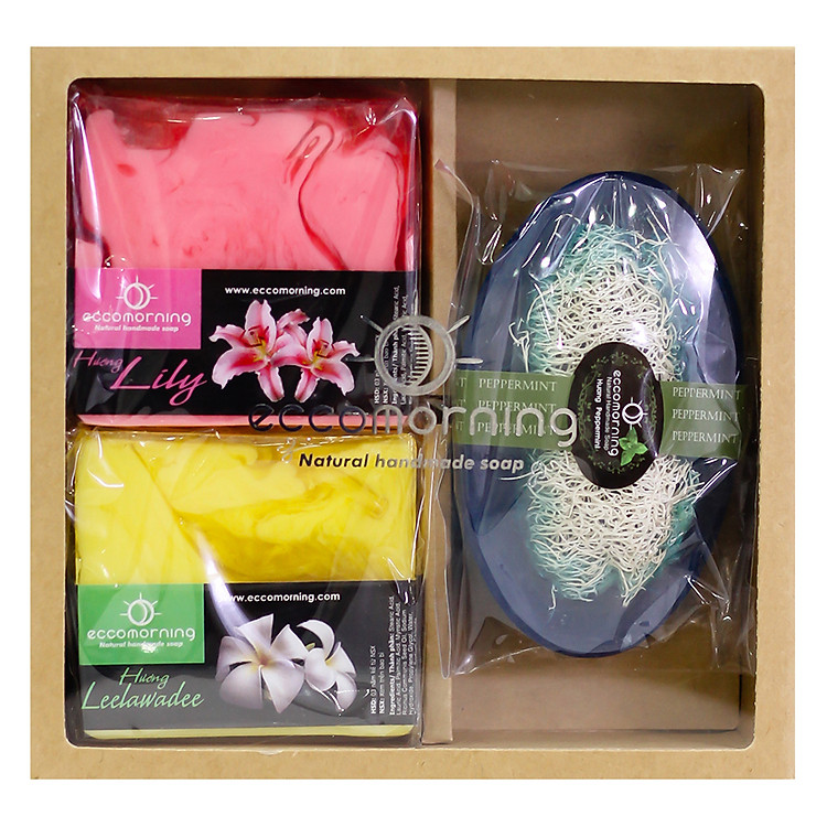 Hộp 3 Xà Bông Thiên Nhiên Handmade Eccomorning SBFC - Hình Vuông hương Hoa Lily + Hình Hoa Sứ + Hình Thuyền hương Bạc Hà (100g/Bánh)
