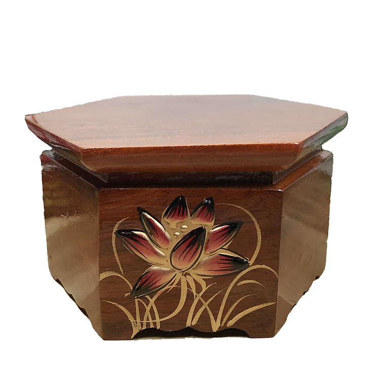 Đôn gỗ kê tượng hình lục giác khắc nổi hoa sen