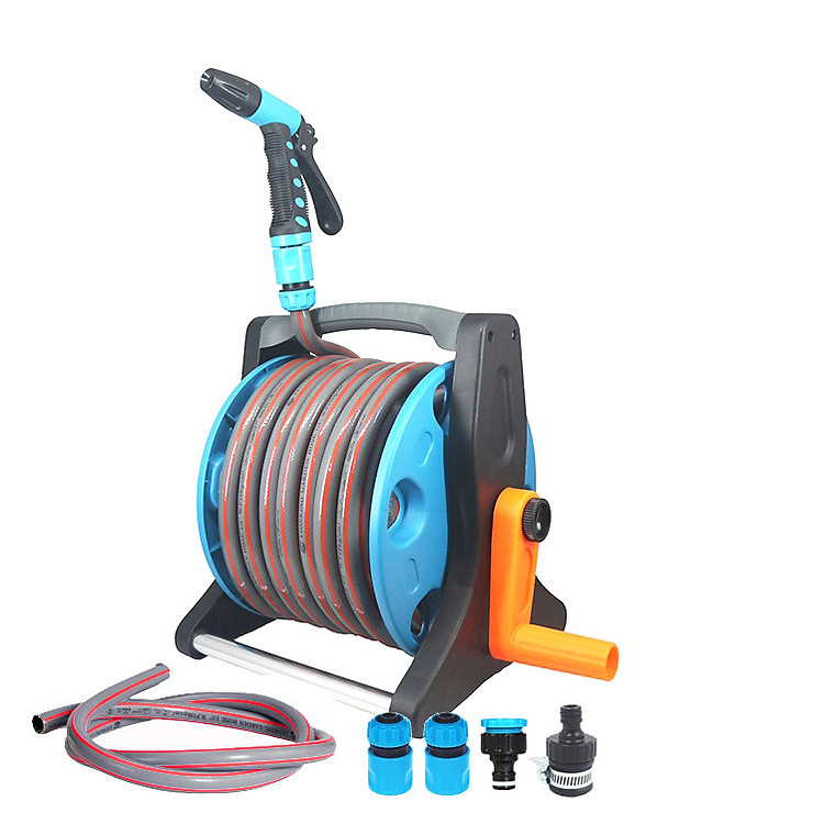 Combo bộ vòi tưới cây, vòi rửa xe tăng áp có lô cuốn ống LionKing 10 mét ống trong rulo và 1.5 mét ống cấp nước PR1015C