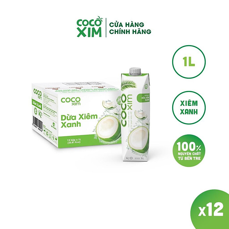 Thùng 12 Hộp Nước dừa đóng hộp Cocoxim Xanh dung tích 1000ml/Hộp