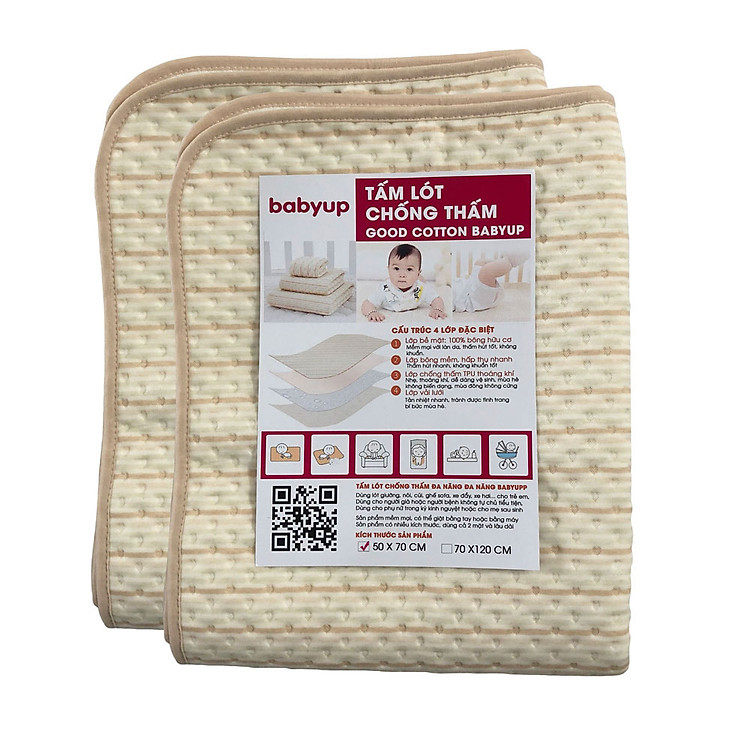 Combo 2 tấm lót chống thấm cho bé Organic Good Cotton Babyup. Size 50x70cm. Miếng lót chống thấm 4 lớp, mềm mại, thoáng khí