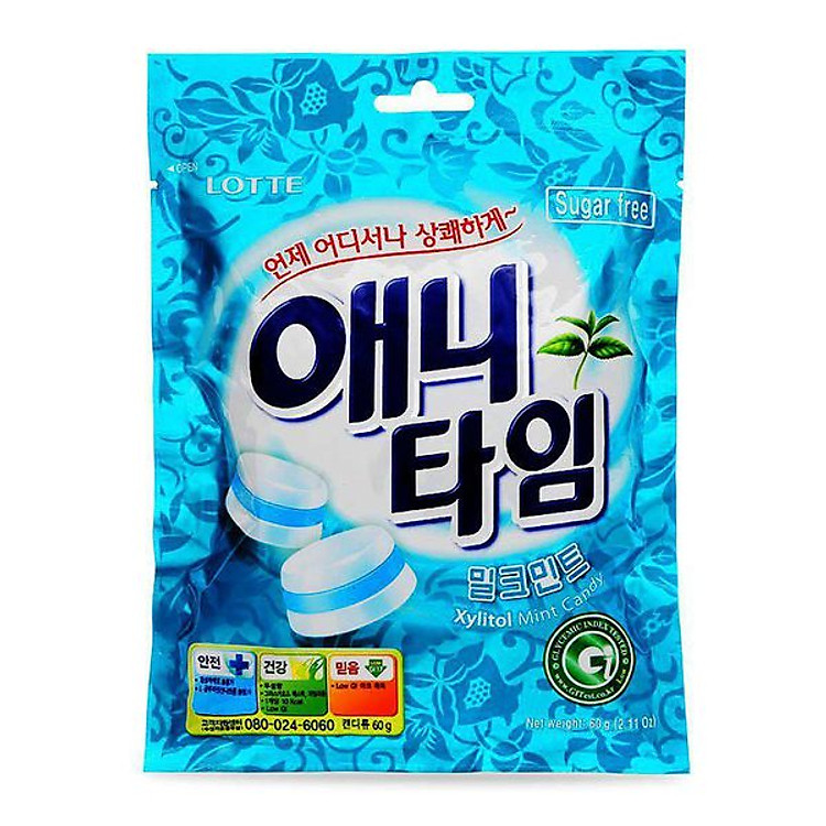 Combo 6 gói Kẹo bạc hà xylitol Lotte Anytime 60gr (Sugar free)