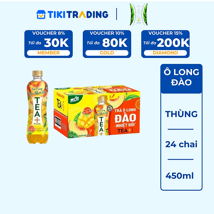 Thùng 24 chai trà ô long Tea Plus Đào Trái Cây Nhiệt Đới (450ml/chai)