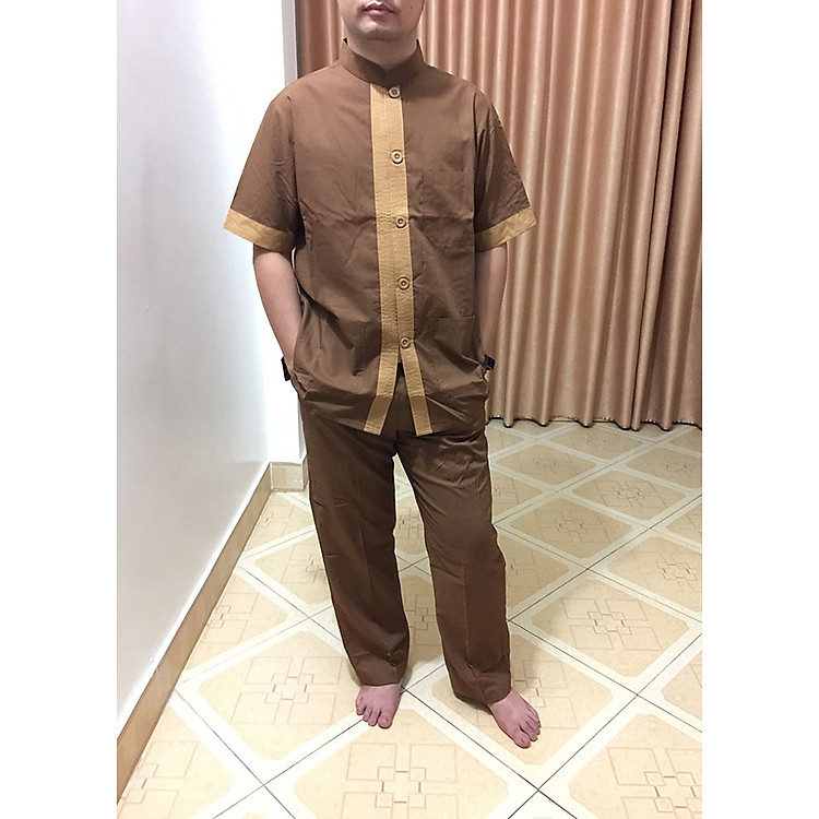 Bộ Đi Chùa Cho Nam - Tay Ngắn Đài Loan Màu Nâu Phối Sữa