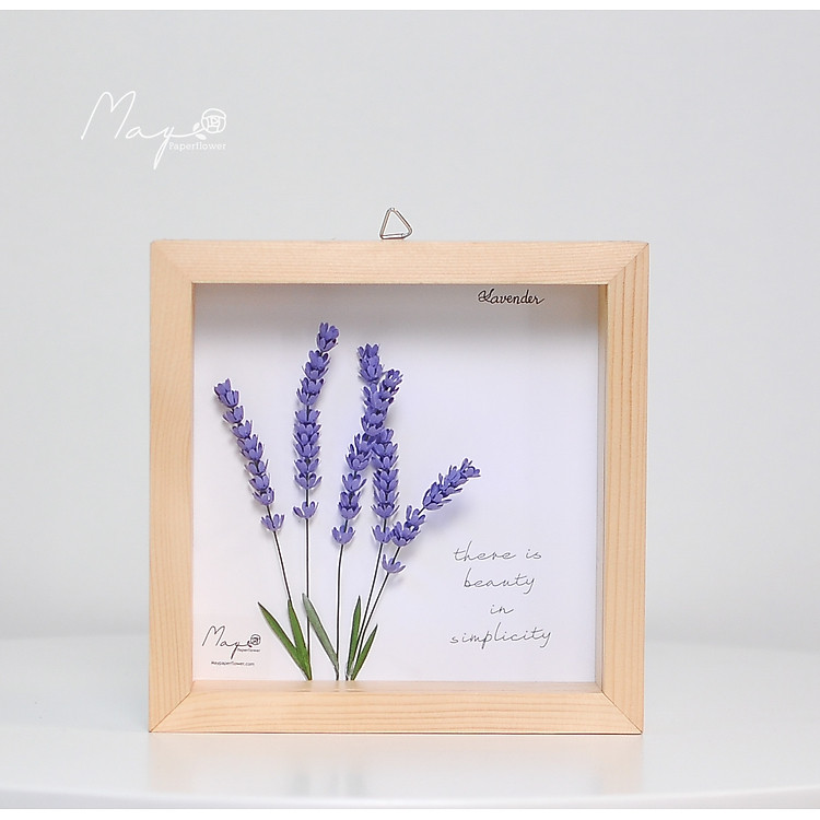 Tranh Hoa Giấy Handmade Trang Trí - Hoa Oải Hương MAYPAPERFLOWER Khung Gỗ Size 19x19cm