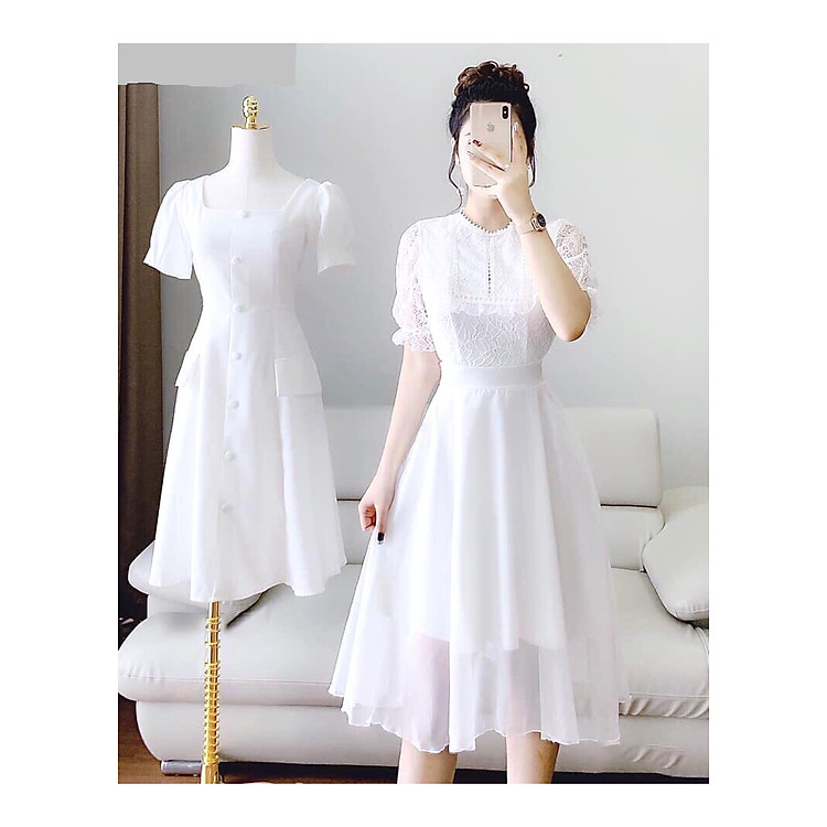 VÁY VOAN NỮ TRẮNG CAO CẤP PHỐI REN SÀNH ĐIỆU- HOTTREND