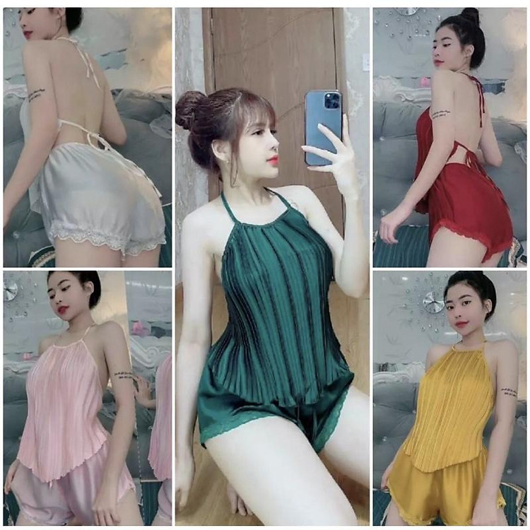Đồ ngủ sexy / Yếm ngủ dập ly không mút ngực, chất liệu phi mềm, kèm quần ren gợi cảm