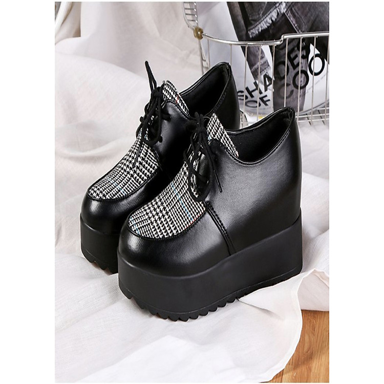 Giày bánh mì nữ độn đế dày cột dây giày da kết hợp vơi chất vải cao 7cm BM080X