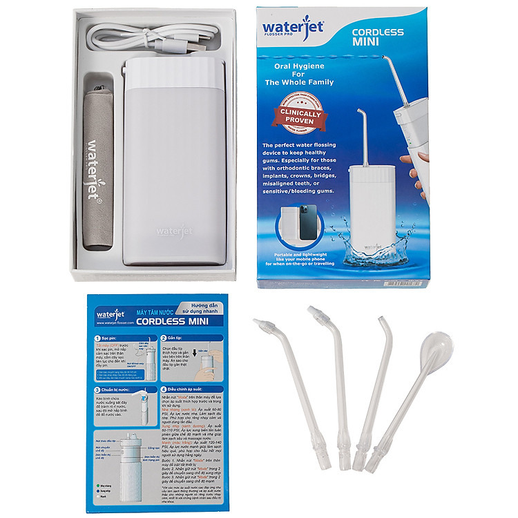 Máy tăm nước cá nhân không dây Waterjet Cordless Mini (4 đầu tăm,dùng được cho người niềng răng, răng sứ, có đầu cạo lưỡi)