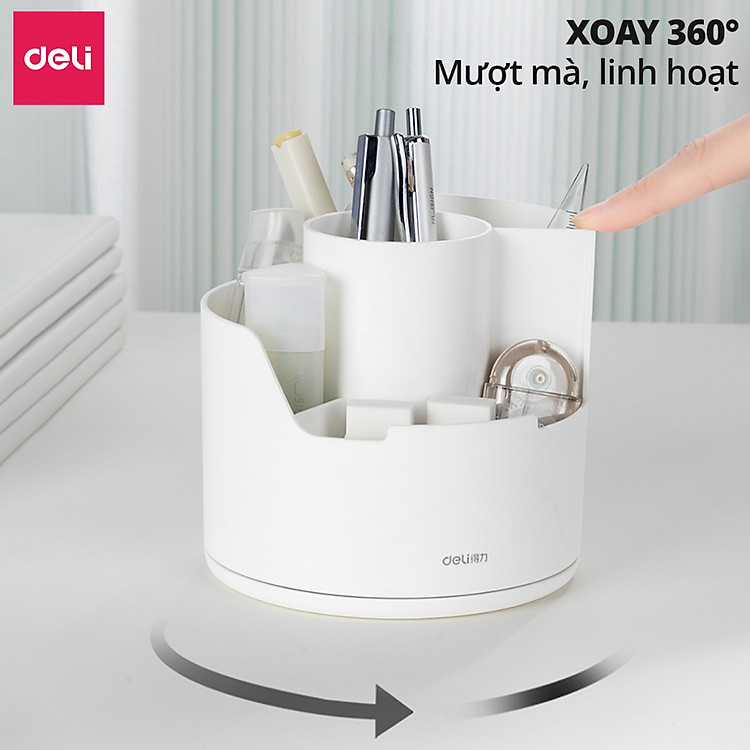 Ống Bút Xoay 360 Độ Deli - Hộp Đựng Bút Tròn Nhiều Ngăn Tích Hợp Giá Đỡ Điện Thoại - Ảnh 6