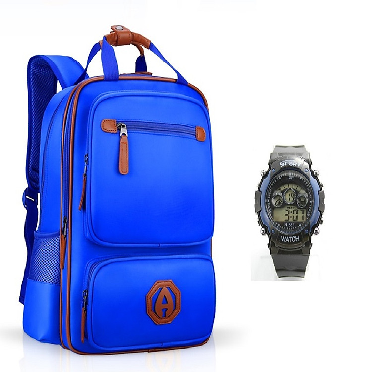 Combo đi học Balo chống gù, chống nước cao cấp và đồng hồ trẻ em (màu ngẫu nhiên)