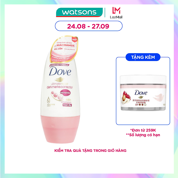 Lăn Khử Mùi Dove Chứa Niacinamide Giúp Sáng Da Mờ Thâm Hương Fresh Lily 40ml