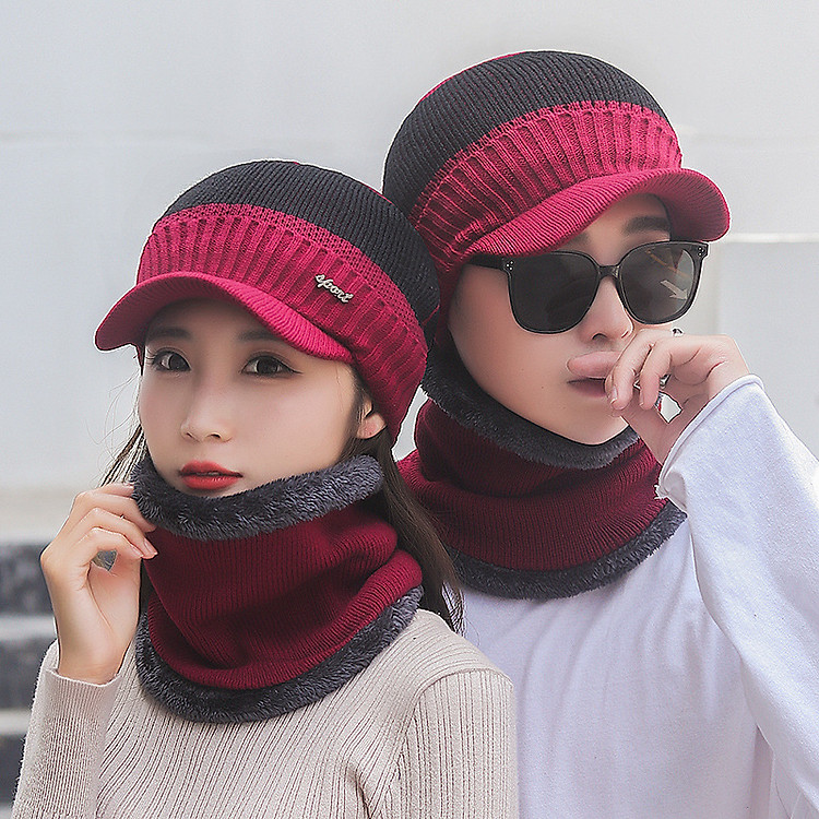 Mũ nón len 2 lớp nam nữ tặng kèm khăn choàng cổ y hình chống lạnh logo thời trang Hàn Quốc dona23061201