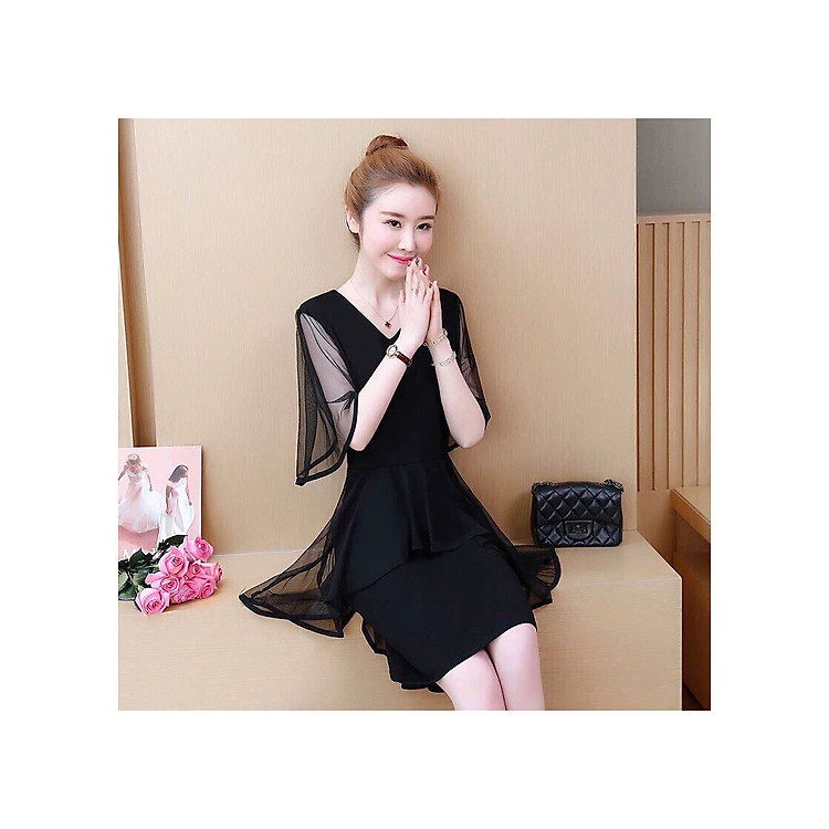 Đầm ôm body phối phối tùng xòe tay lưới rủ