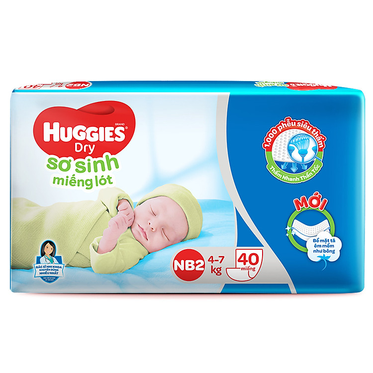Miếng Lót Sơ Sinh Huggies Dry Newborn 2 - 40 (40 Miếng) - Bao Bì Mới