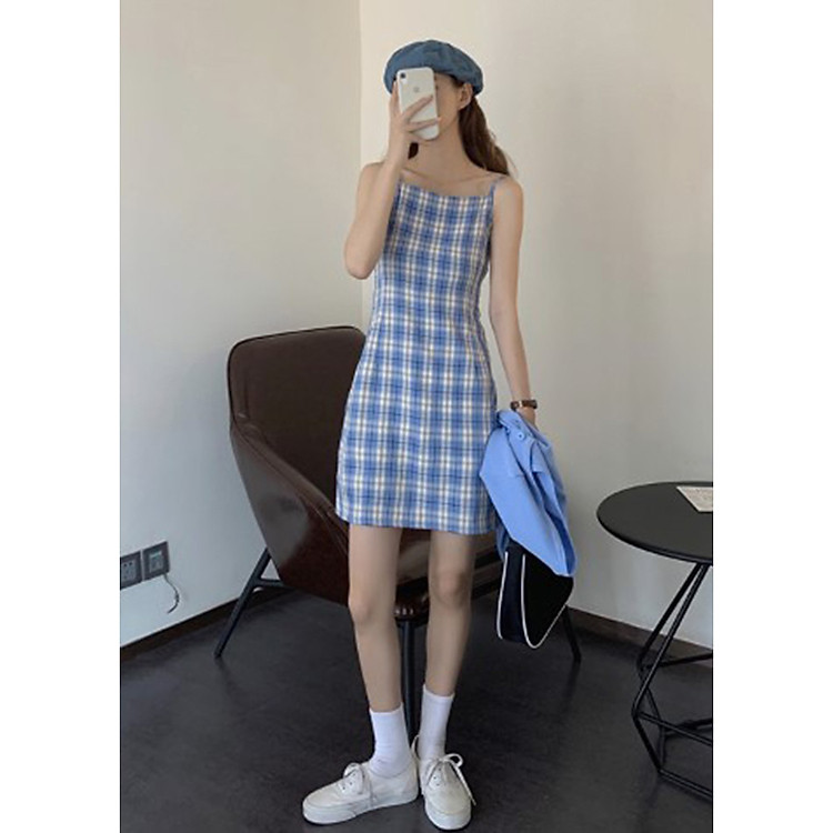 Đầm 2 dây kẻ caro dây chất đẹp quai váy điều chỉnh được độ dài, có nơ thắt lưng điều chỉnh vòng eo freesize<53kg