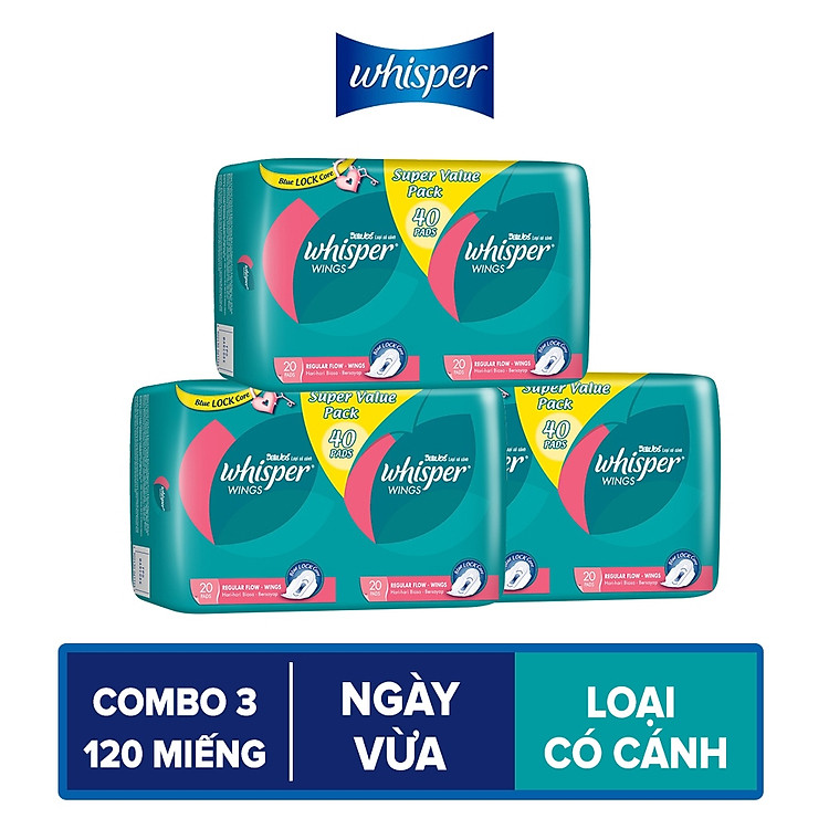 Combo 3 Băng Vệ Sinh Whisper Wings Có Cánh Ngày Vừa (Gói Lớn Tiết Kiệm 40 Miếng)