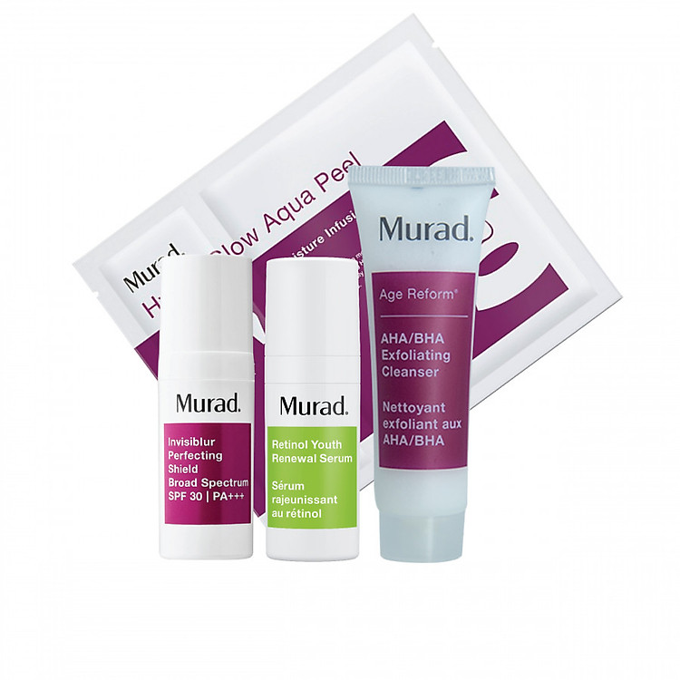 Bộ kit dưỡng ẩm làm mờ vết nhăn Murad (Invisiblur Perfecting Shield Broad Spectrum SPF 30 PA +++ 10ml +AHA/BHA Exfoliating Cleanser 30ml +Hydro-Glow Aqua Peel + Retinol Youth Renewal Serum 5ml)