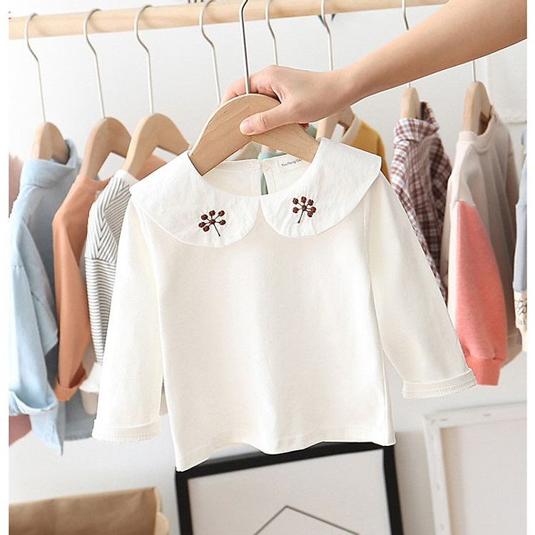 Áo sơ mi bé gái chất thun màu trắng thêu hoa cổ TE1887