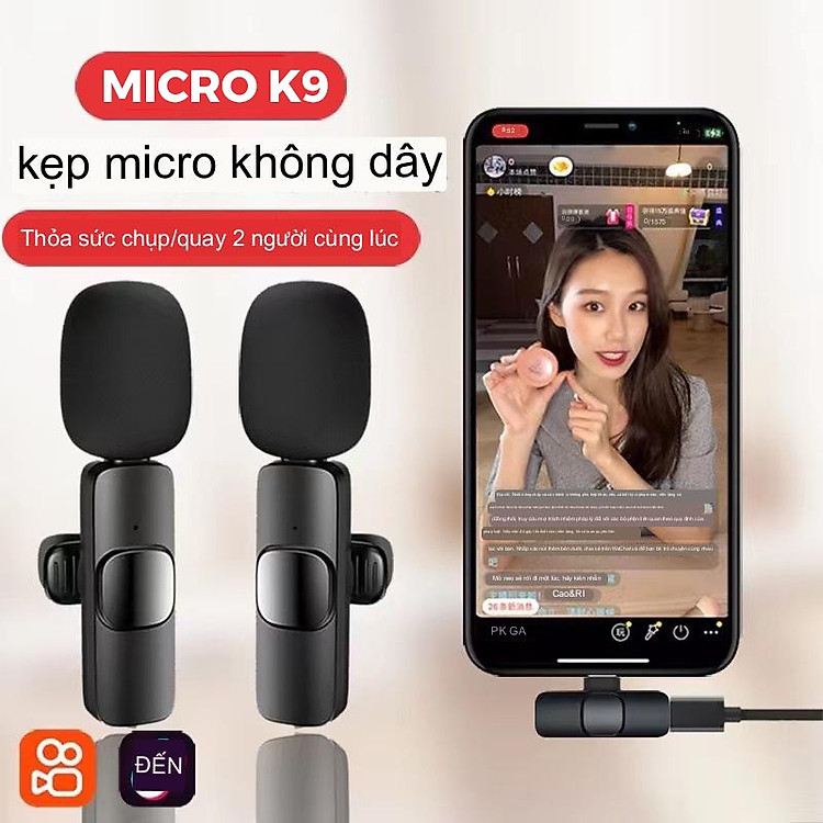 Micro thu âm không dây K9 cài áo lọc tiếng ồn cao cấp dùng để Livestream, quay video, ghi âm cho điện thoại - Hàng chính hãng