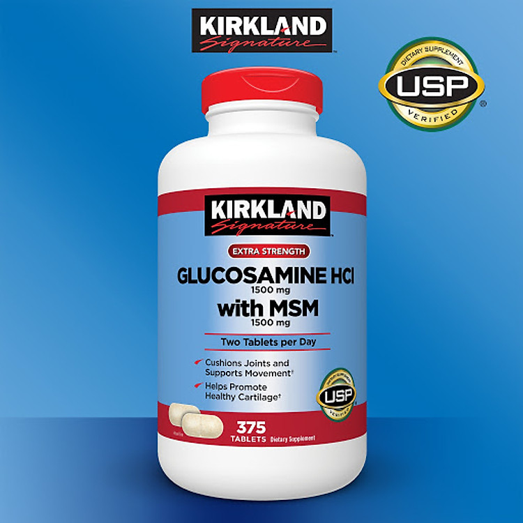 Thực phẩm bổ sung Glucosamine & MSM 1500mg 375 viên Kirkland nhập Mỹ - Mẫu mới ( Viên vàng)