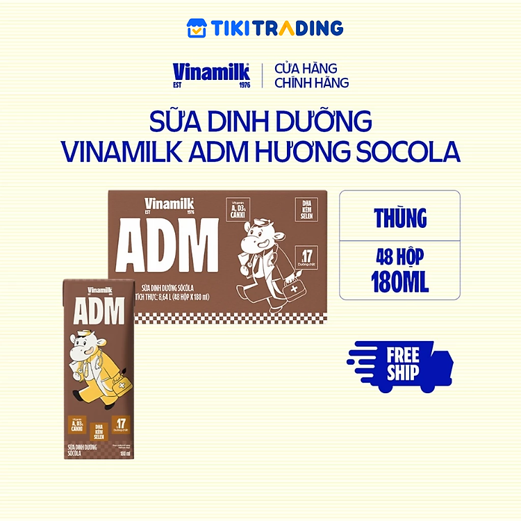 Thùng 48 hộp sữa dinh dưỡng socola Vinamilk ADM 180ml