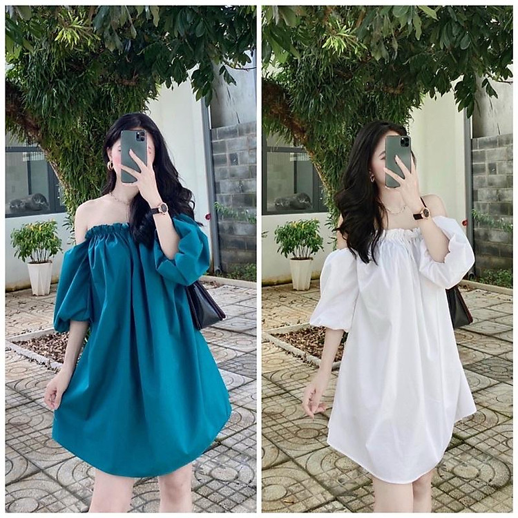 Váy Trễ Vai Tay Bí 2 Màu (Xả Kho Kèm Ảnh Thật 100%)