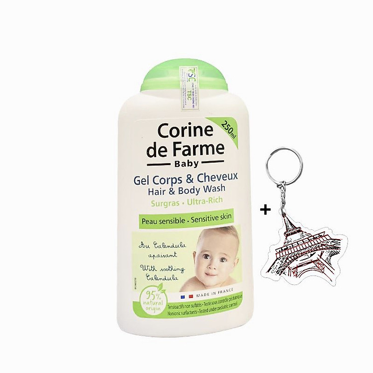 Gel Gội Và Tắm Bé Corine de Farme Dành Cho Da Nhạy Cảm 250ml + Tặng Kèm 1 Móc Khóa Hình Tour Eiffel Viền Đỏ