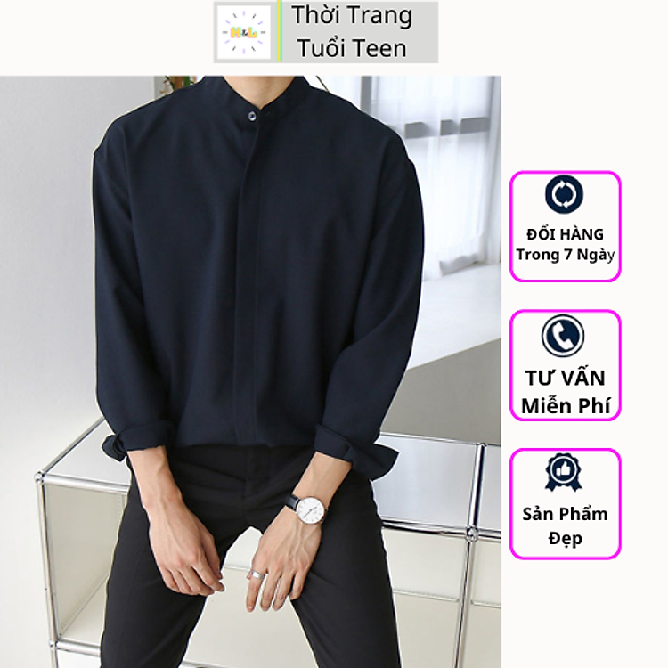Áo sơ mi nam form rộng cổ tàu cổ trụ tay dài Giấu Nút phong cách hàn quốc trẻ trung lịch lãm-MRDT02