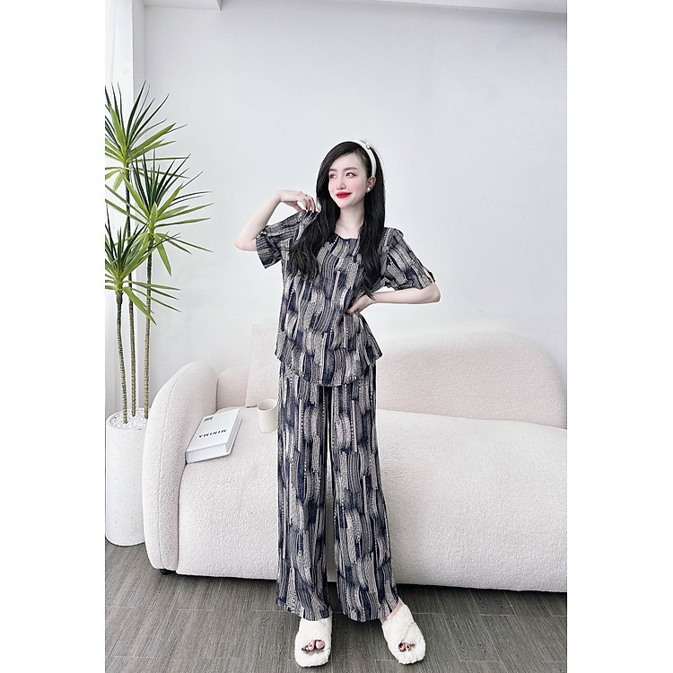 Bộ lanh trung niên áo cộc tay cổ tròn quần ống rộng️Bộ đồ tone mặc nhà chất lanh nhung Việt Thắng