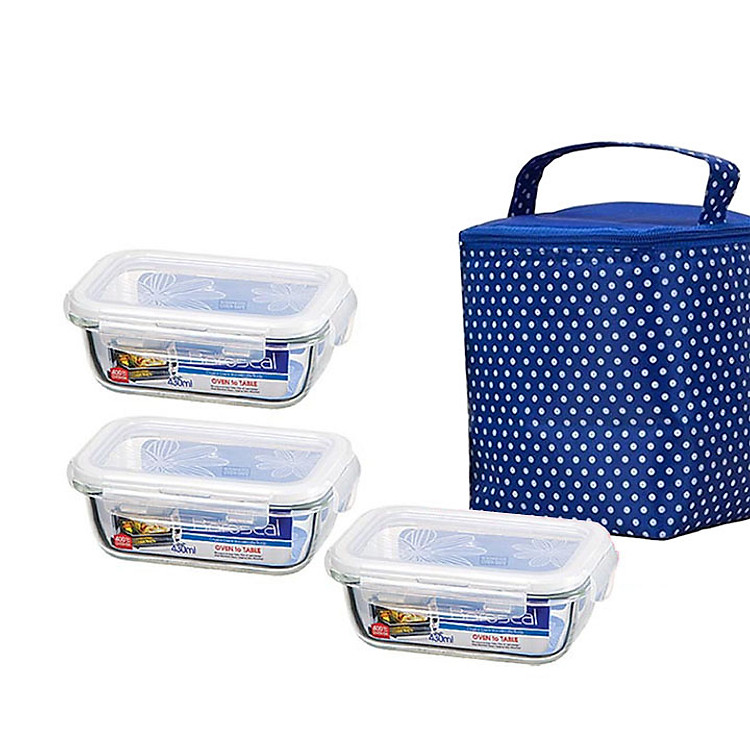 Bộ 3 hộp thủy tinh Lock & Lock 430ml tặng túi giữ nhiệt